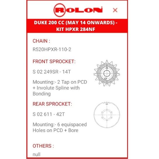 Duke 200 X Ring chain sprocket Kit HPXR-284-NF