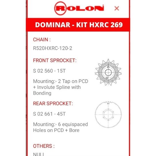 HXRC-269 Dominar 400 X ring Chain Sprocket kit