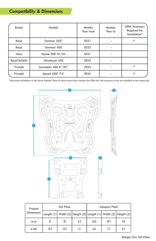 Rynox Ranger Evo Tail Plate dimensions