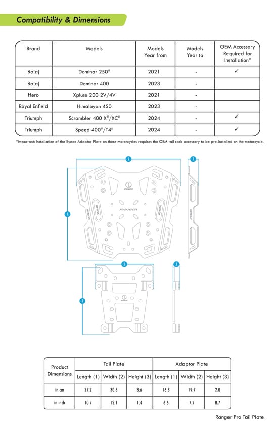Rynox Ranger Pro Tail Plate Size chart